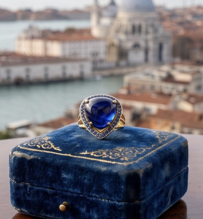 Iconic design - Natural 16.5 carat Sapphire 22K GOLD over .925 Sterling Silver handcrafted ring size 7 1/2 - Close-up of sapphire ring on blue box with blurred cityscape background