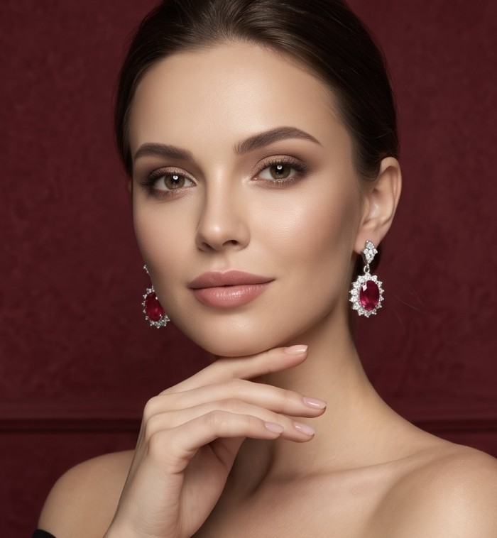 Natural 10.2 carat Mozambique Ruby .925 Sterling Silver dipped in Rhodium Handcrafted Earrings - Woman wearing 10.2 carat ruby earrings, front view.