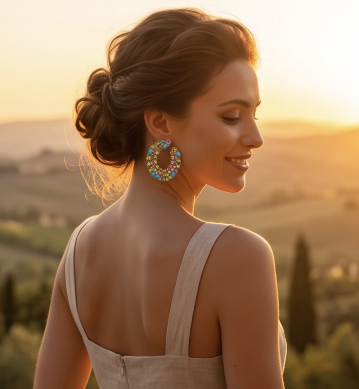 SERENADE Luxurious .9 carat authentic Himalayan Peridot .925 Sterling Silver dipped in 14K Gold Handcrafted Statement Earrings - Side view of colorful earrings worn at sunset.