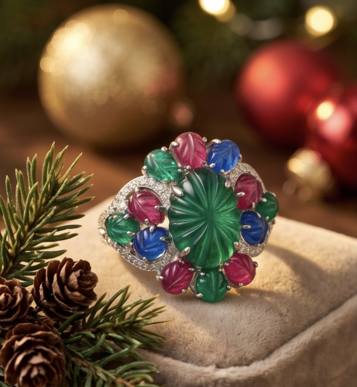 Giovanna 15.5 carat Emerald Ruby Sapphire rhodium over .925 Sterling Silver handcrafted ring size 8 - Festive ring with emerald, ruby, sapphire stones on display cushion.