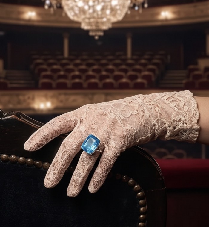 Pacifica - Authentic 22.8 carat Swiss Blue Topaz Rhodium over .925 Sterling Silver handcrafted Large Statement ring size 5 - Lace-gloved hand with 22.8 carat Swiss Blue Topaz ring in theater setting.