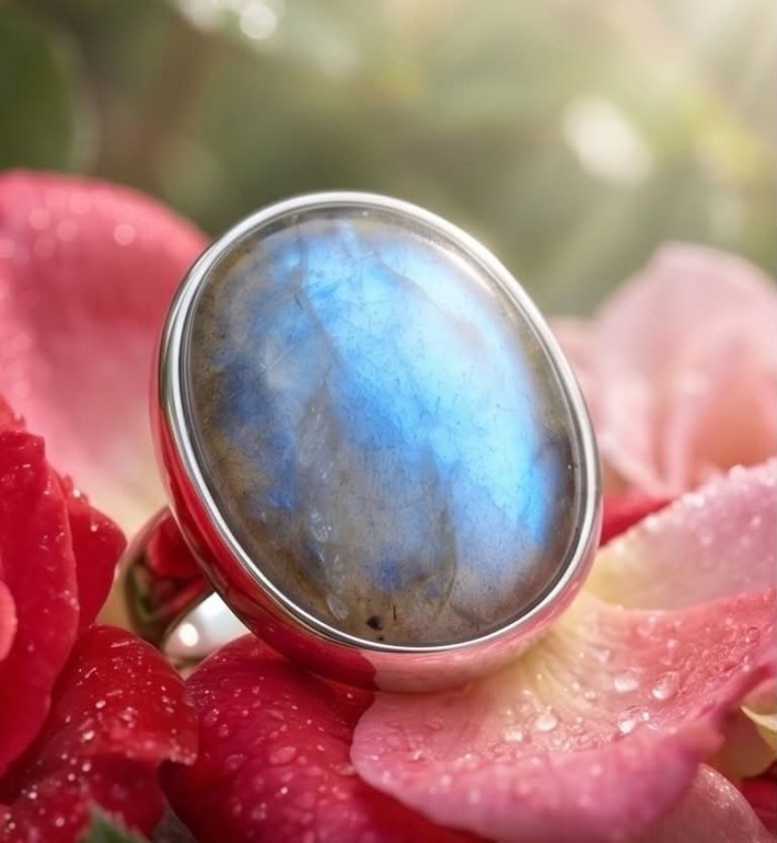 MOONLIGHT Shimmering Labradorite .925 Sterling Silver handcrafted Large ring size 8 adjustable - Close-up of MOONLIGHT labradorite ring on flowers, showcasing stone shimmer.
