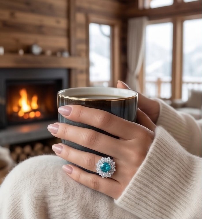 Wonderland 7.5 carat Brazilian Paraiba Tourmaline .925 Sterling Silver Handcrafted Ring size 5 - Paraiba Tourmaline ring worn on hand by the fire, close-up view.