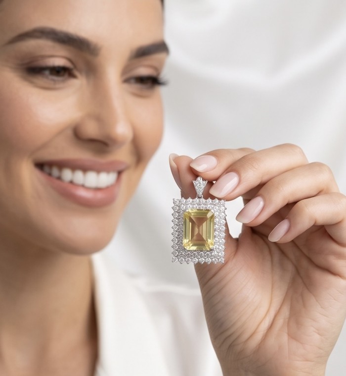 Luxury genuine 25.5 CARAT emerald cut Champagne Topaz .925 Sterling Silver dipped in rhodium handmade Pendant - Close-up of woman holding luxury champagne topaz pendant