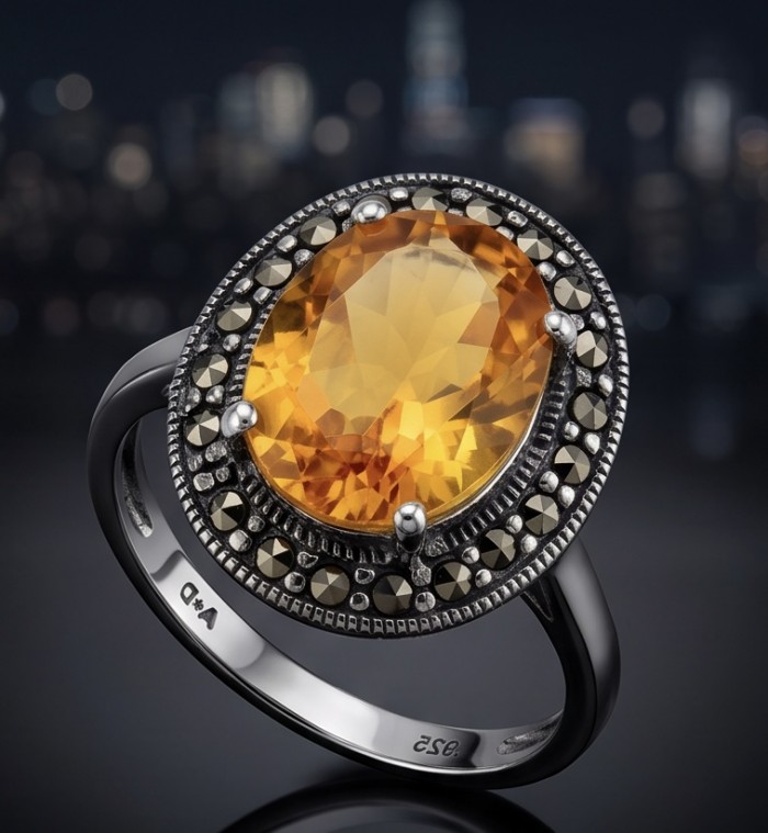 Authentic oval cut 10.2 carat Golden Topaz rhodium over .925 Sterling Silver ring s. 8 - Close-up of oval cut 10.2 carat Golden Topaz ring in rhodium over .925