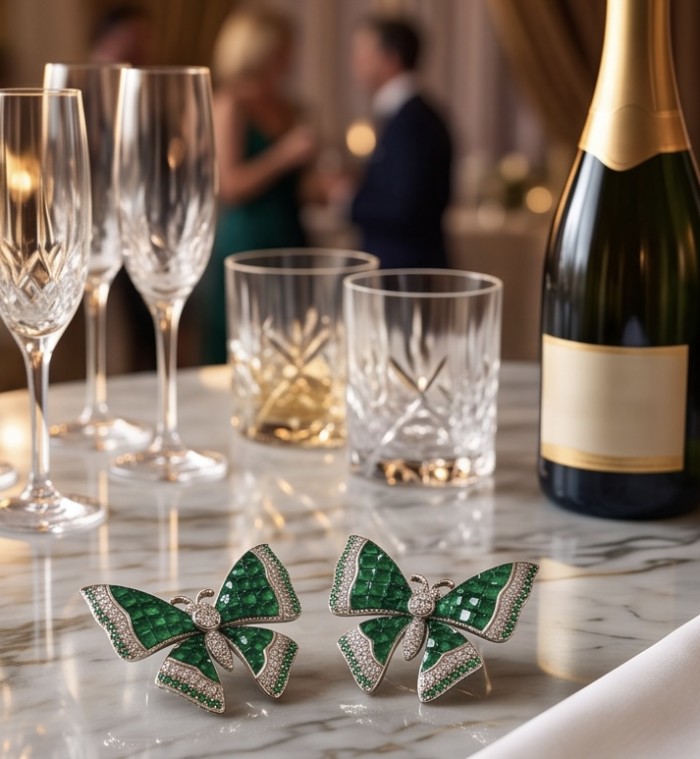 Incredible green Butterflies genuine mysery setting 11.5 CARAT Emerald .925 Sterling Silver handcrafted Earrings - Butterfly earrings on table, green mystery setting, champagne in background.