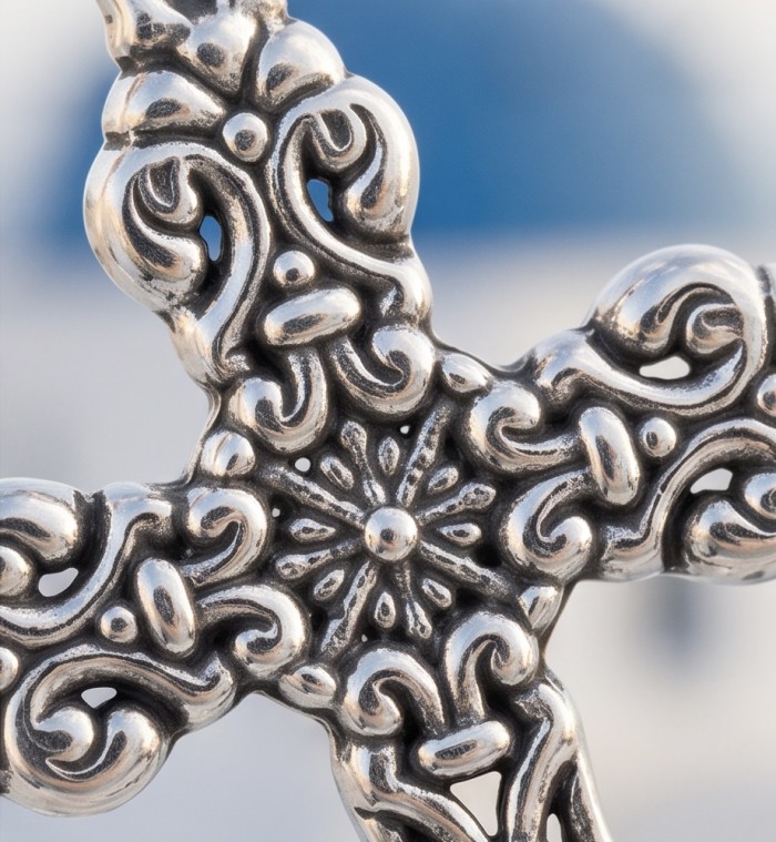 Holy Cross the best quality .925 Sterling Silver Bali made Pendant - Close-up of ornate .925 Sterling Silver Bali-made Holy Cross detail