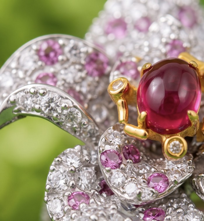 Giovanna 3.6 carat Kashmir Ruby .925 Sterling Silver dipped in 22K Gold handmade Statement Ring size 6 1/2 - Close-up of Giovanna 3.6 carat Ruby in Sterling Silver with diamonds.