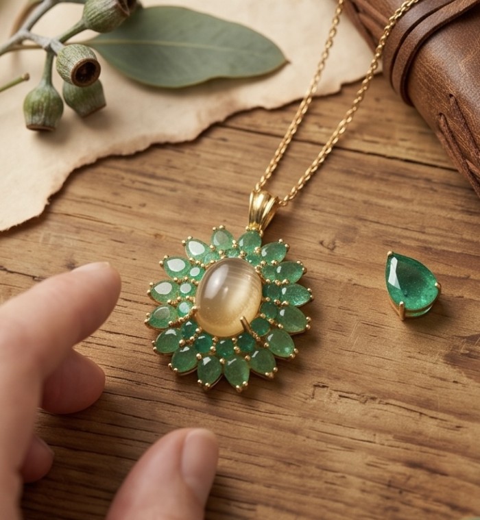 Stella 17.5 carat Brazilian yellow Tourmaline 18K Gold over .925 Sterling Silver handmade Pendant - Pendant close-up with yellow tourmaline and green accents on wood surface