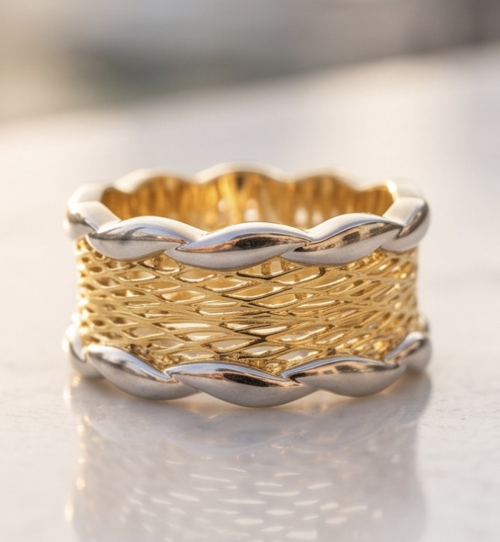 GOLDEN ROSE - Dubai Style - .925 Sterling Silver dipped in 22K Gold handmade ring size 8 - Close-up of GOLDEN ROSE ring, showcasing intricate design and silver edges.