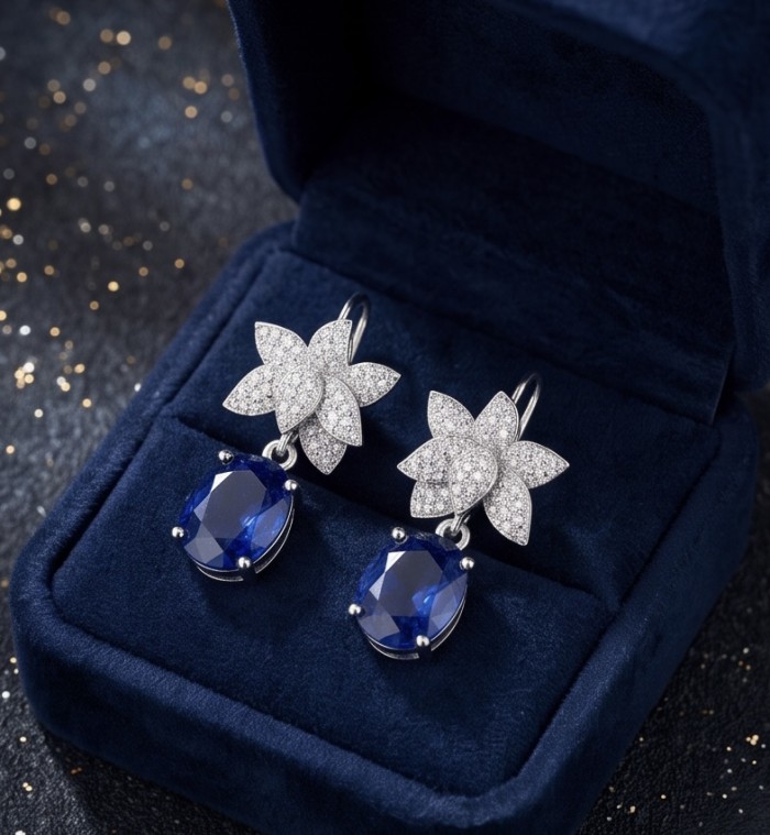 Best quality 5.5 carat African Kyanite .925 Sterling Silver dipped in rhodium handcrafted earrings - Close-up of 5.5 carat African Kyanite earrings in blue velvet box.