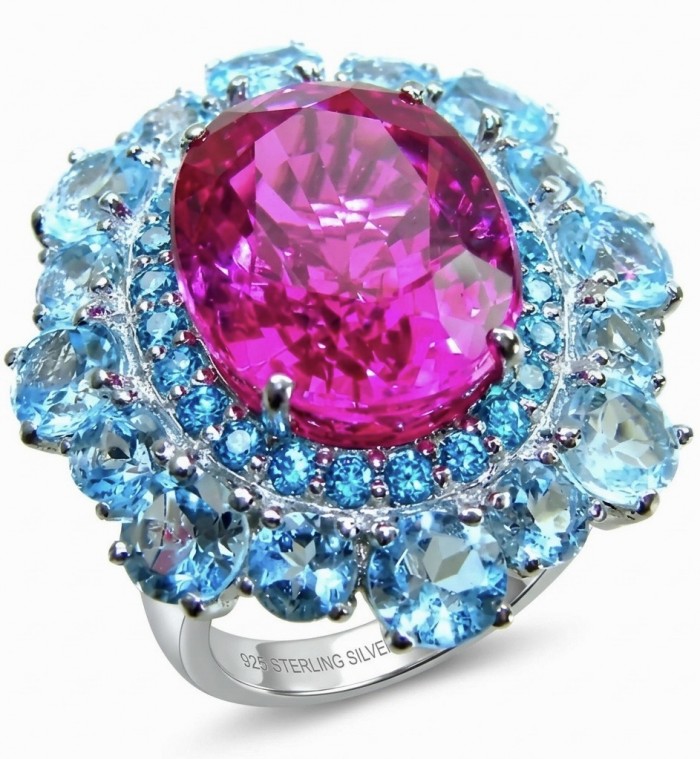 Anastasia 28.2 carat Pink Sapphire .925 Sterling Silver dipped in Rhodium Handcrafted Statement Ring size 8 - Close-up of Anastasia 28.2 carat pink sapphire sterling silver ring