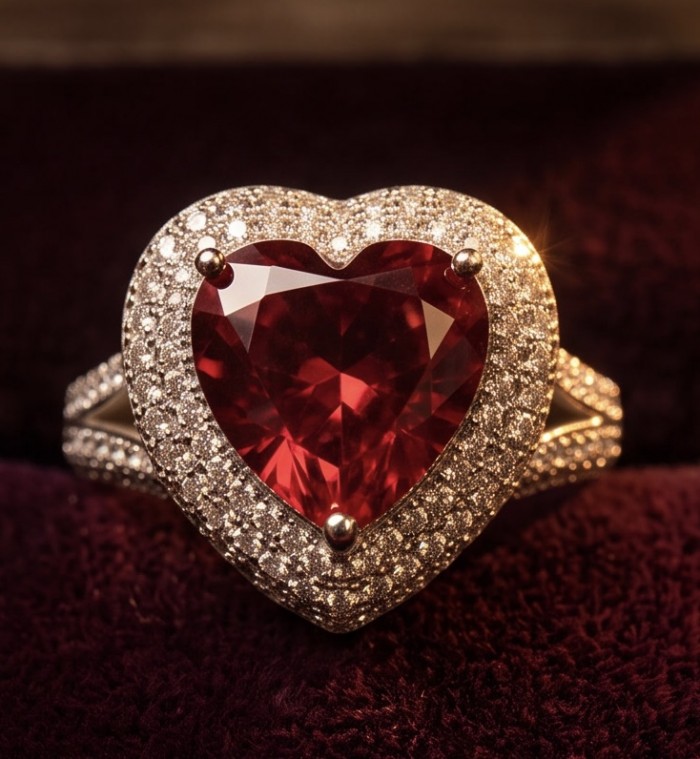 Angel's Heart Natural heart shape 9.7 carat Ruby .925 Sterling Silver dipped in rhodium handmade Statement Ring size 9 - Heart-shaped ruby ring close-up with diamond halo detailing.