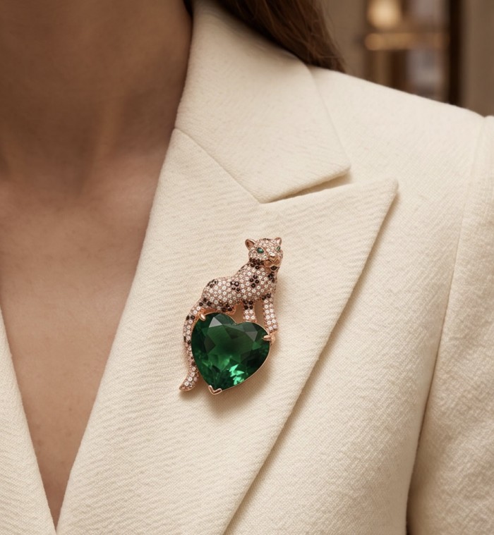 Precious Cheetah authentic 38.5 carat EMERALD .925 Sterling Silver dipped in 14K Rose Gold Handcrafted pendant brooch - Close-up of cheetah brooch with emerald on cream lapel