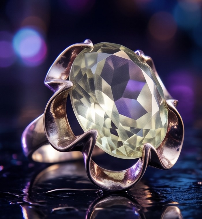 Natural 14.5 carat carved Green Amethyst rhodium over .925 Sterling Silver handcrafted ring size 5 3/4 - Close-up of 14.5 carat carved Green Amethyst ring with rhodium setting.