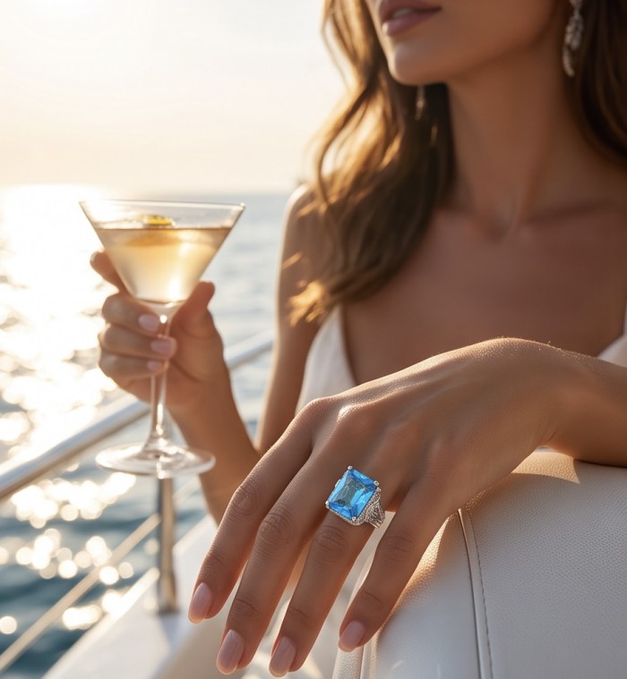 Ocean Blue 14.2 carat Swiss Blue Topaz .925 Silver handcrafted Cocktail Ring s. 6 1/4 - Swiss Blue Topaz ring on hand holding a cocktail, ocean backdrop