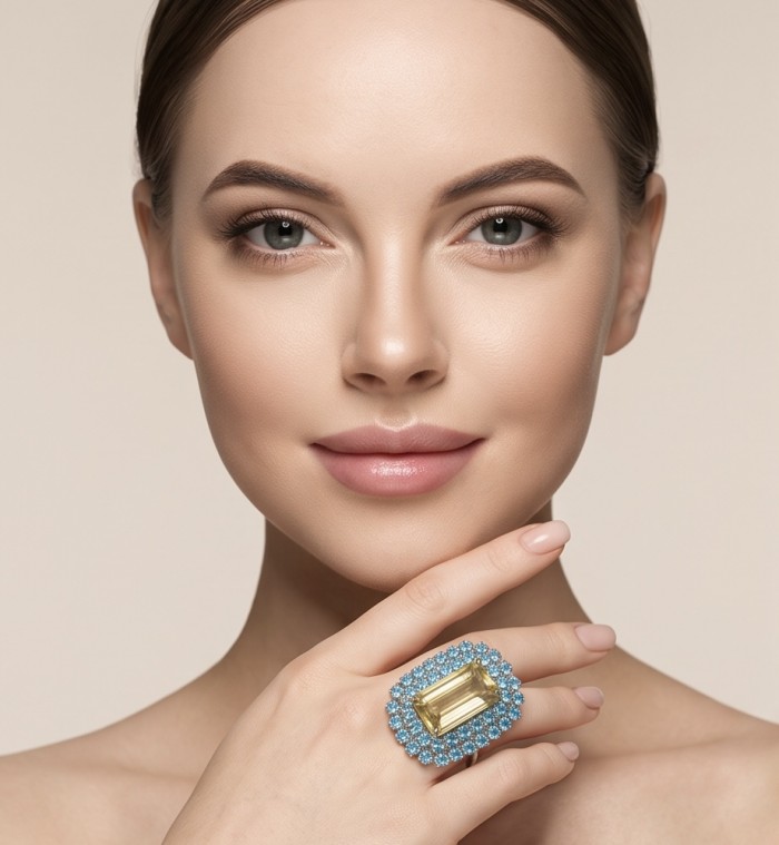 Serenity baquette cut 68.5 carat Champagne Smoky Topaz Aquamarine rhodium over .925 Sterling Silver MASSIVE Ring size 7 - Woman wearing Serenity 68.5 ct topaz ring; front view.