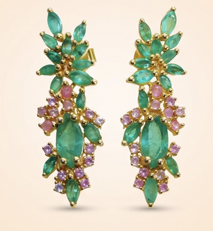 Amazonia - 4.7 carat Colombian Emerald .925 Sterling Silver dipped in 18k Gold Handcrafted Statement earrings - Front view of Amazonia earrings with emerald and pink stones.