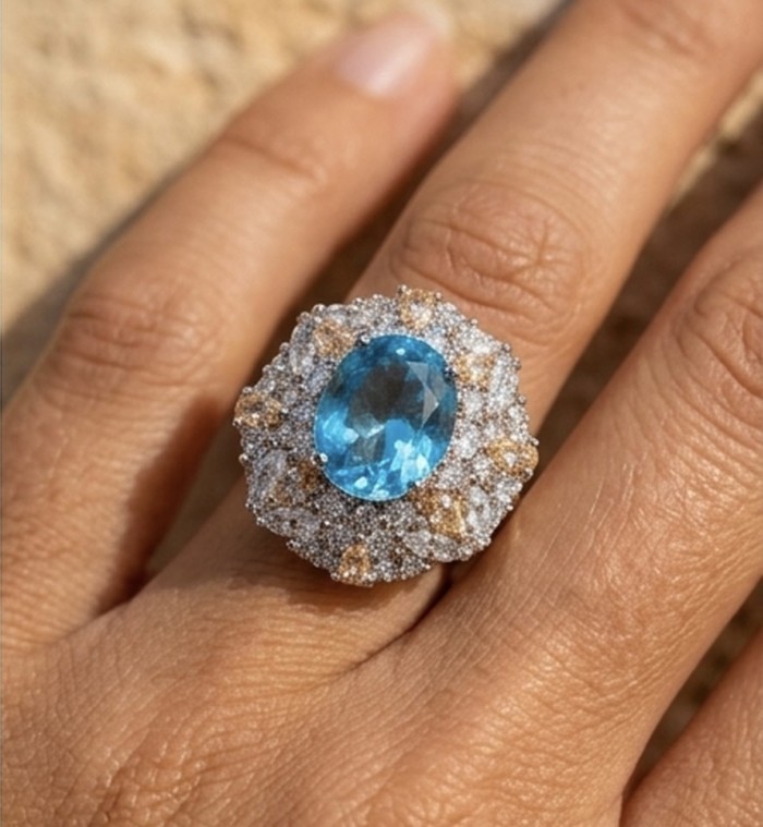 Ocean Blue 8.2 carat Swiss Blue Topaz .925 Silver handcrafted Cocktail Ring s. 9 - Ocean Blue 8.2 carat Swiss Blue Topaz ring worn on hand close-up.