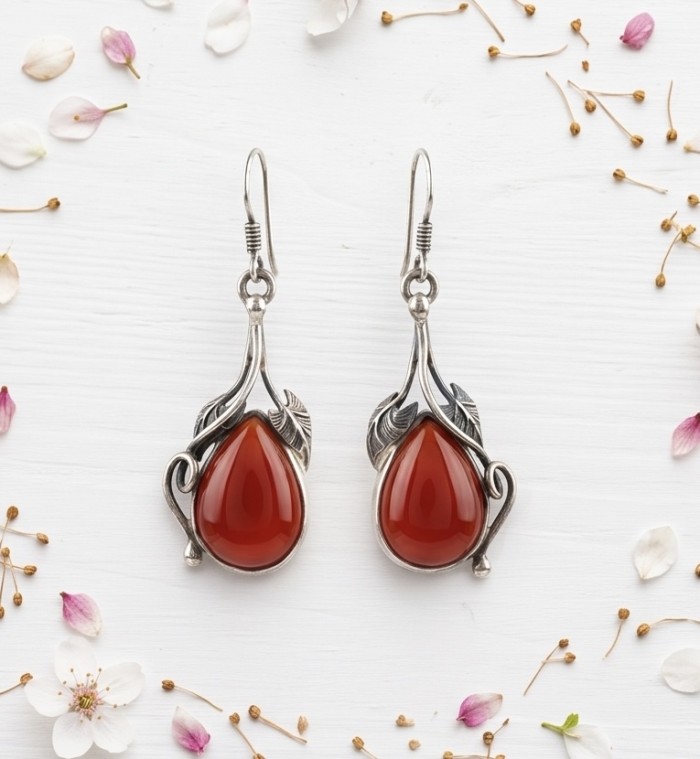 Sublime Orange Carnelian .925 Sterling Silver handmade earrings - Front view of sterling silver earrings with orange carnelian stones.