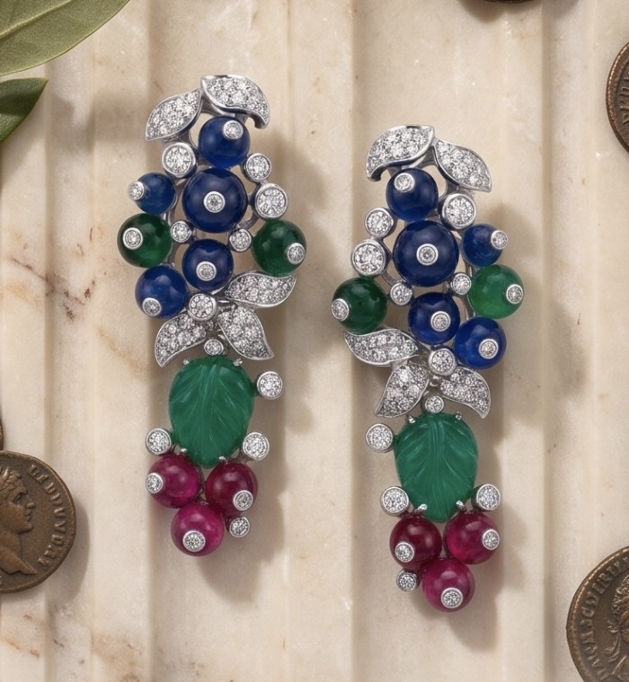 RARE BEAUTY! Valentina 16.2 carat CARVED Ruby Emerald Sapphire .925 Sterling Silver dipped in rhodium Statement handcrafted earrings - Colorful gemstone earrings on a marble surface, front view.