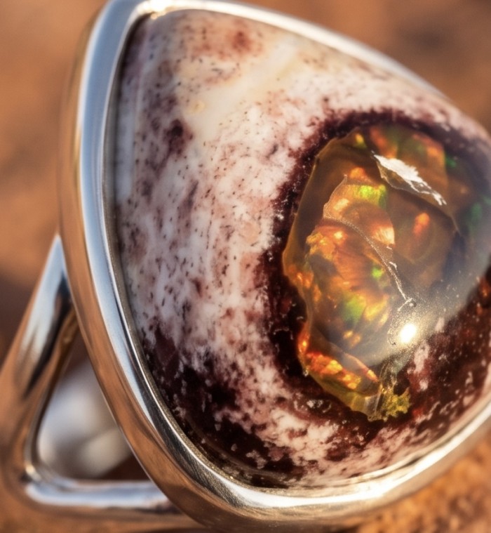 Bonfire Night best quality 18.4 carat Mexican Opal rhodium over .925 Sterling Silver handmade ring 6 - Close-up of Mexican Opal in rhodium setting, stone details visible.