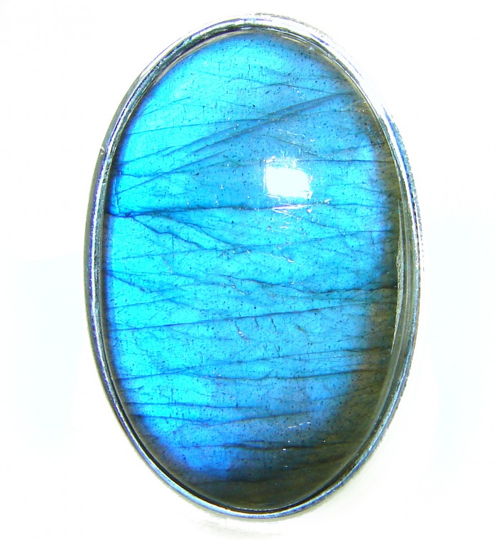 Shimmering Natural Labradorite .925 Sterling Silver handcrafted Large ring size 8 adjustable - Close-up of shimmering Labradorite stone in sterling silver setting.
