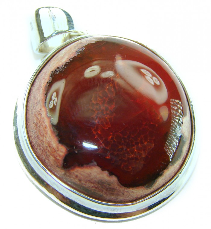 Inner Fire Natural 29.2 carat Mexican Fire Opal .925 Sterling Silver handmade Pendant - Close-up of Inner Fire Mexican Fire Opal pendant in sterling silver.