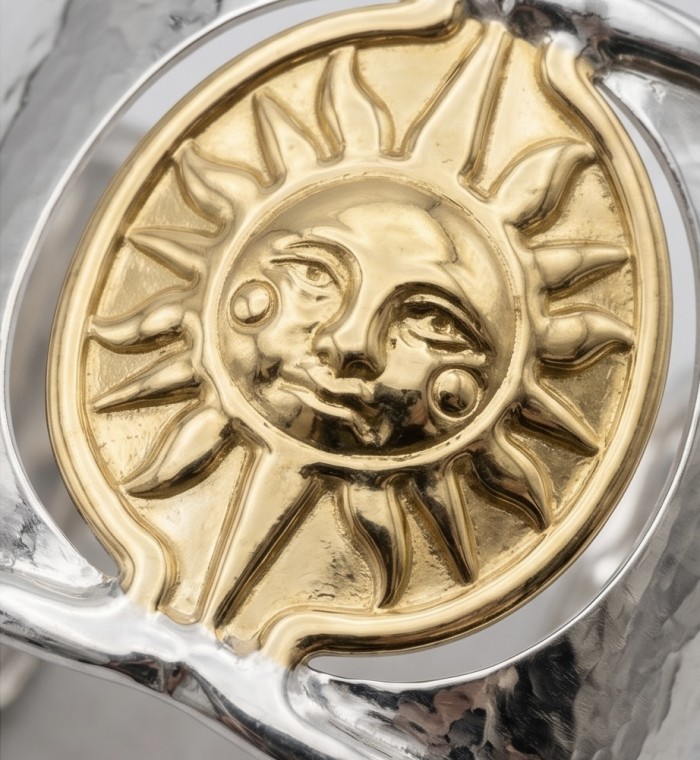 Renewal - Byzantine design 14K Gold over .925 Sterling Silver handcrafted Bracelet / Cuff - Close-up of gold sun design on Renewal Byzantine jewelry piece