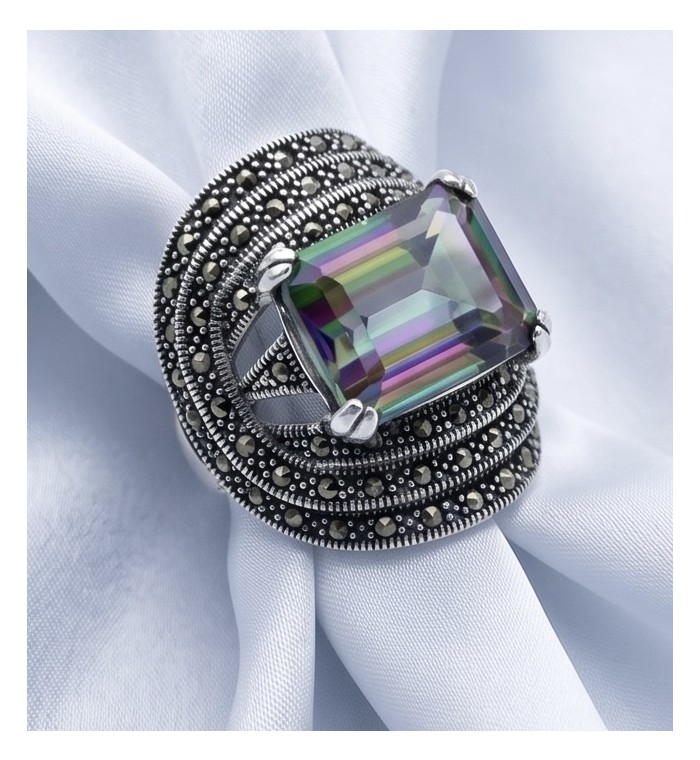 Big Dreamer Massive 17.8 carat Mystic Topaz .925 Sterling Silver handcrafted Large ring size 8 - Mystic Topaz ring front view on light fabric background
