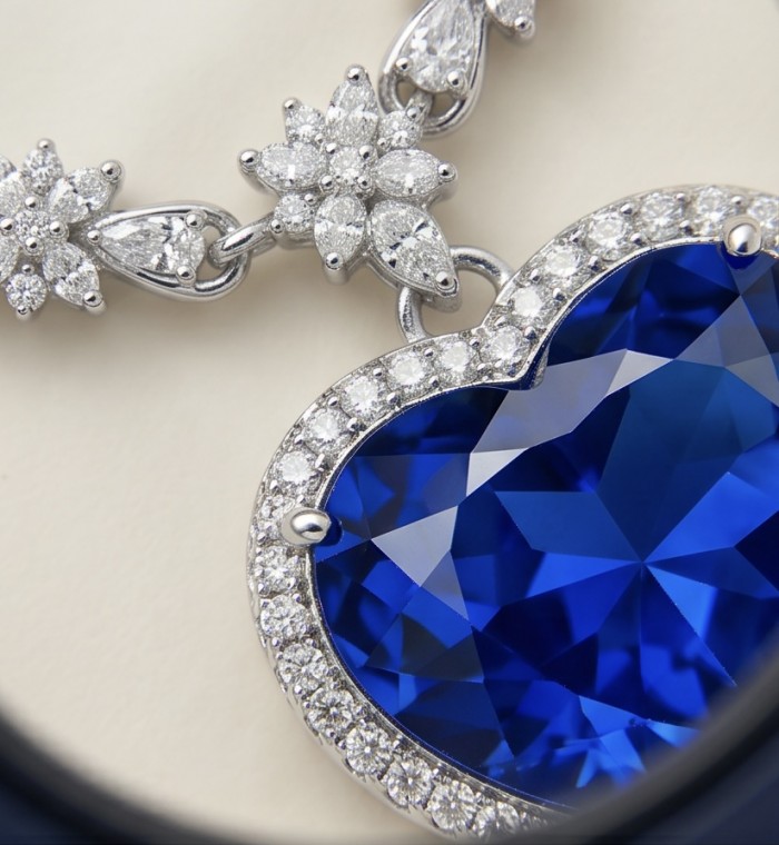 Titanic - Heart of The Ocean Necklace ~ 24.5 Ct Blue Sapphire Necklace In 925 Sterling Silver necklace - Close-up of Titanic Heart of the Ocean necklace with blue sapphire.