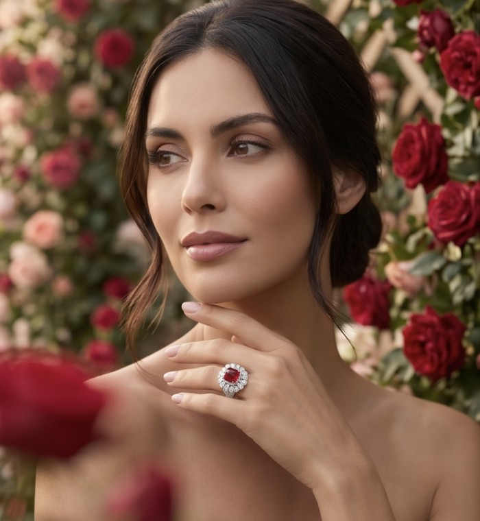 Elizabeth fancy cut 4.8 carat Mozambique Ruby 8.3 carat Moissanite .925 Sterling Silver dipped in Rhodium handcrafted Ring size 8 1/4 - Woman wearing Elizabeth ruby ring, 4.8 carat, garden backdrop