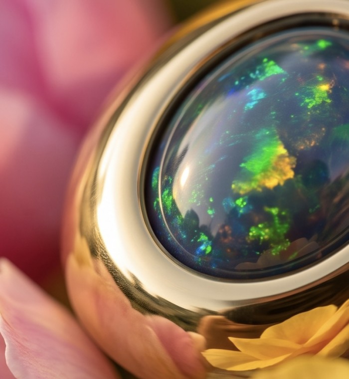 Milky way Genuine 22.2 carat Black Opal 18K Gold over .925 Sterling Silver handmade Ring size 9 - Close-up of Milky Way Black Opal set in gold, surrounded by petals.