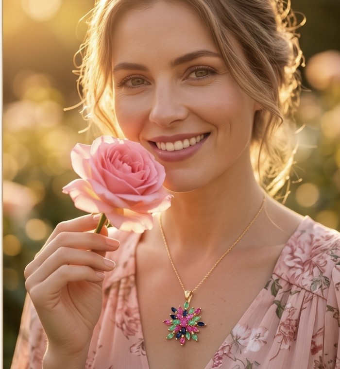 Charming Beauty 18.4 ctw Ruby Emerald Sapphire 18K Gold over .925 Sterling Silver handcrafted Statement pendant - Woman wearing floral pendant necklace, close-up with pink rose.
