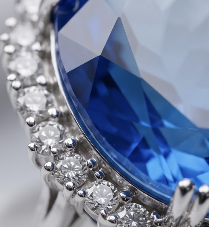Angelina 14.9 carat authentic Swiss Blue Topaz .925 Sterling Silver Handcrafted Ring size 7 - Close-up of Swiss Blue Topaz with diamond accents in sterling silver.