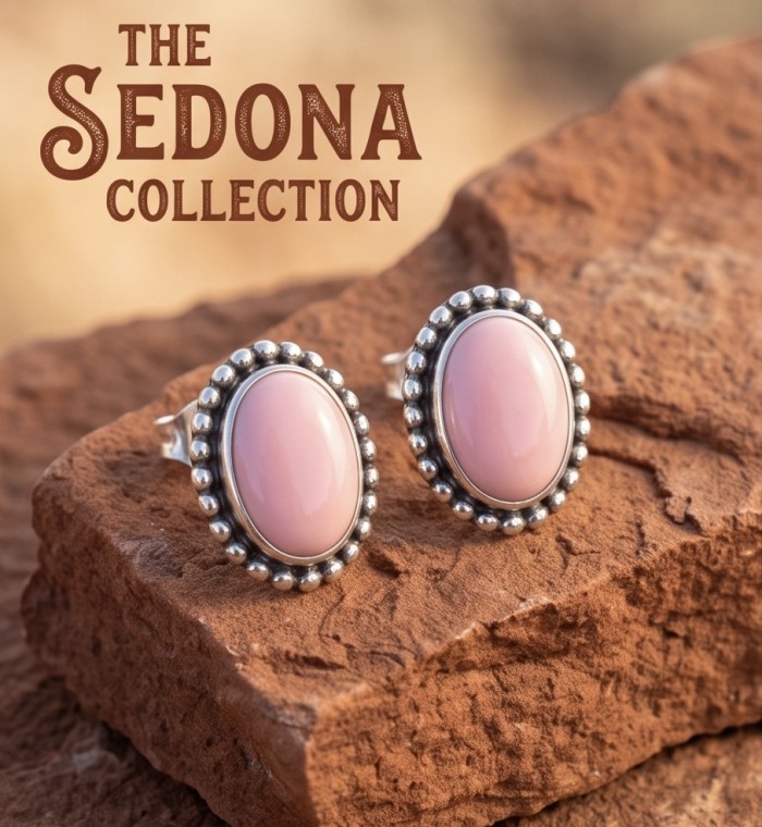 4.2 carat Pink Opal .925 Sterling Silver incredible handcrafted Earrings - Pink Opal stud earrings on rock, close-up front view, Sedona Collection.