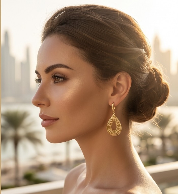 Dubai Style - Golden fancy Drops .925 Sterling Silver dipped in 22K Gold handmade Earrings - Side view of woman wearing Dubai Style golden drop earrings.