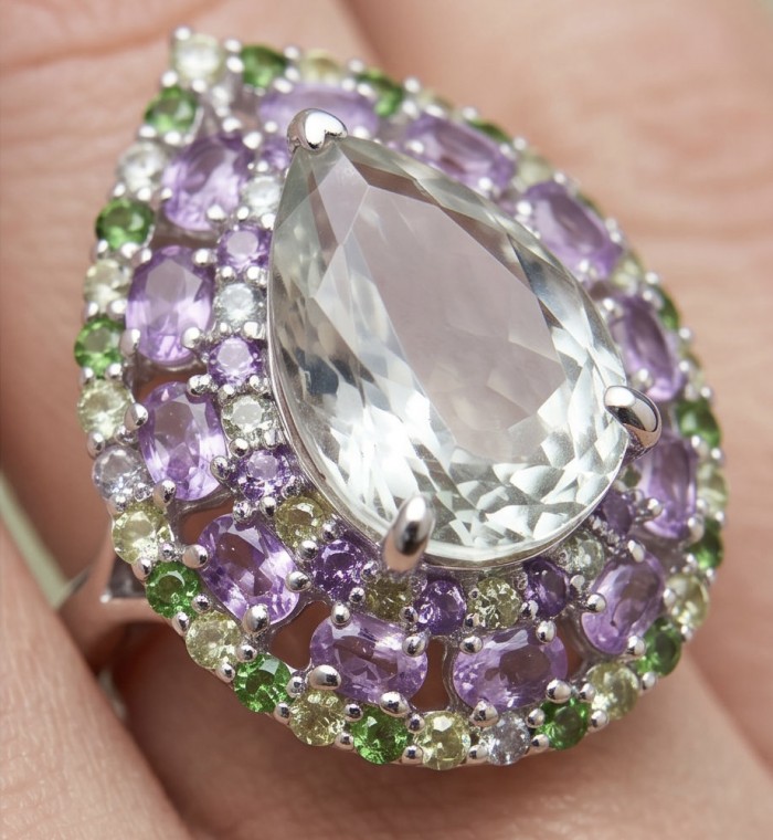 Large Natural 18.5 carat carved Green Amethyst rhodium over .925 Sterling Silver handcrafted ring size 6 3/4 - Close-up of large green amethyst ring with colorful gemstone accents.