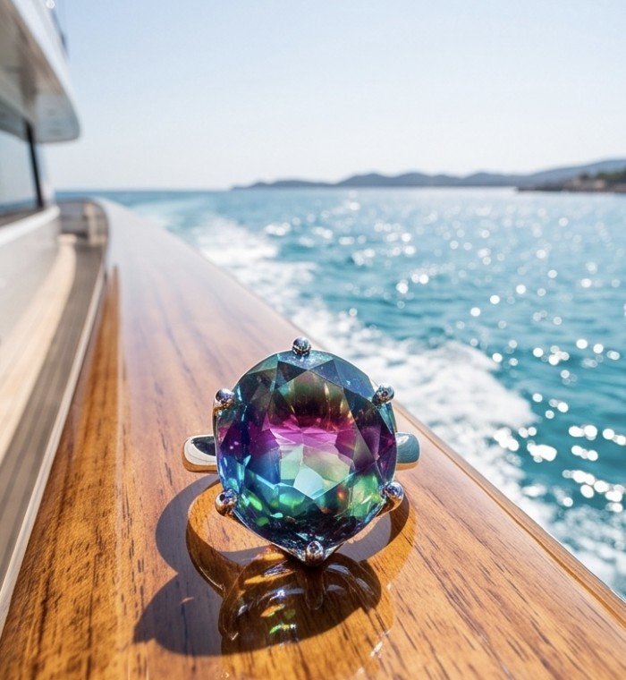 7.8 carat Brazilian Tourmaline .925 Sterling Silver Perfectly handcrafted Ring s. 7 - Close-up of 7.8 carat Brazilian Tourmaline ring on yacht deck