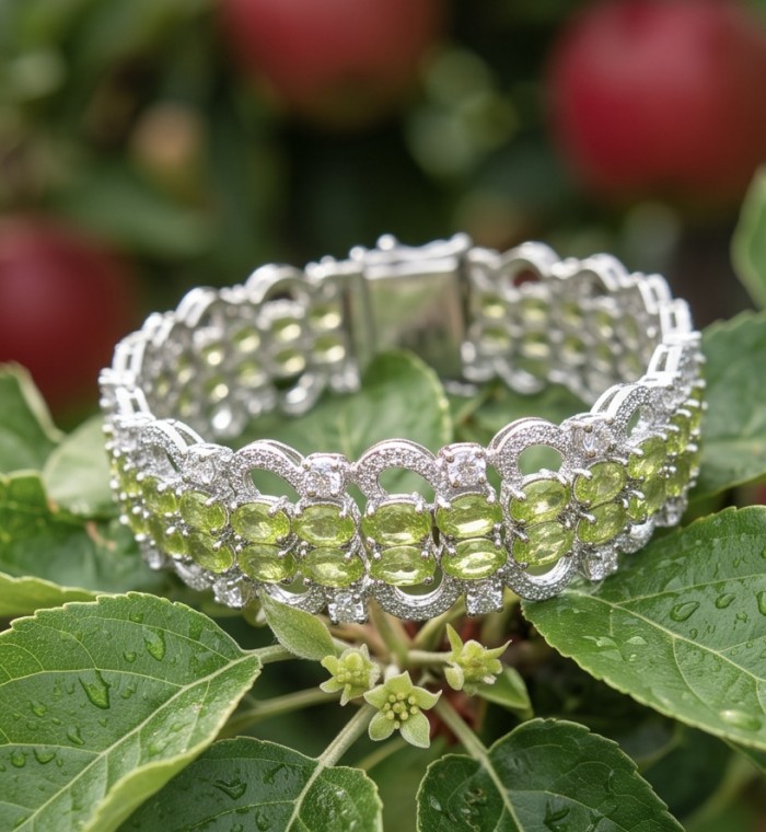 Vittoria Natural 47.8 carat Brazilian Peridot Rhodium over .925 Sterling Silver handmade Statement Bracelet - Peridot bracelet on plant leaves, showcasing front design.