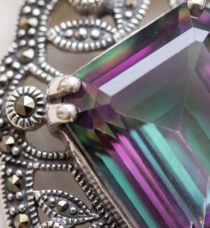 Iconic Design 22.5 baquette cut Mystic Topaz Marcasite .925 Sterling Silver dipped in black rhodium handcrafted Pendant - Stone close-up of Iconic Design Mystic Topaz Marcasite .925 jewelry.