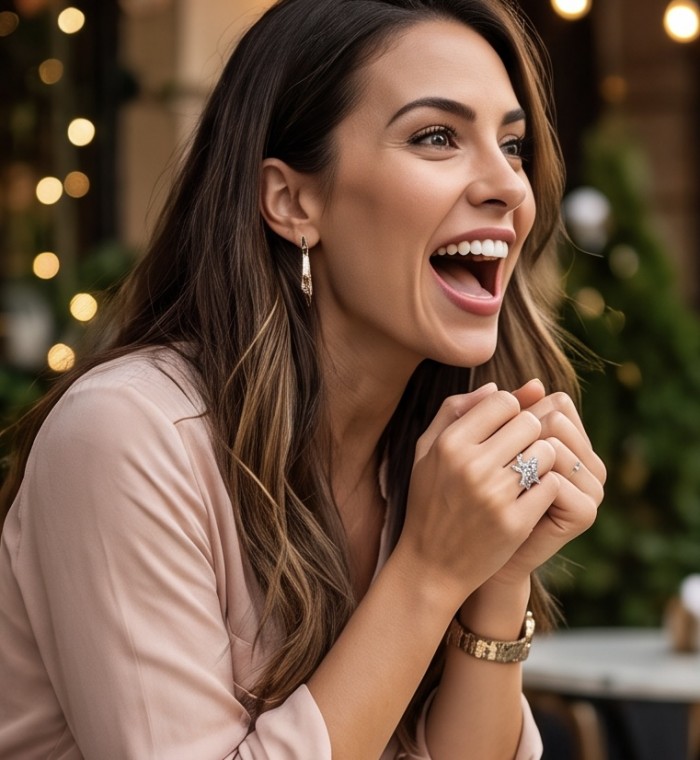 Real Beauty - 4.5 carat White Sapphire .925 Sterling Silver Handcrafted Statement Ring size 6 1/4 - Woman wearing Real Beauty ring, showcasing side view and intricate details.