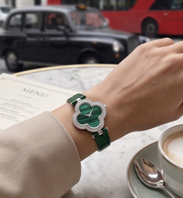 Precious 18.5 carat Authentic Four Leaf Clover Malachite Genuine Leather strap .925 Sterling Silver handmade Watch - Worn on wrist, green clover-shaped watch with malachite and diamond accents.