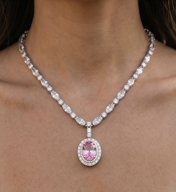 Isabella - delicate 6.7 carat Bubblegum Pink Sapphire .925 Sterling Silver handcrafted Statement Necklace - Necklace worn showing pink sapphire pendant and diamond settings.