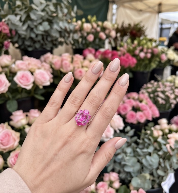 Isabella 10.2 carat Hot Pink Topaz .925 Sterling Silver Perfectly handcrafted Statement Ring size 7 - Worn on hand: 10.2 carat hot pink topaz ring, floral background.