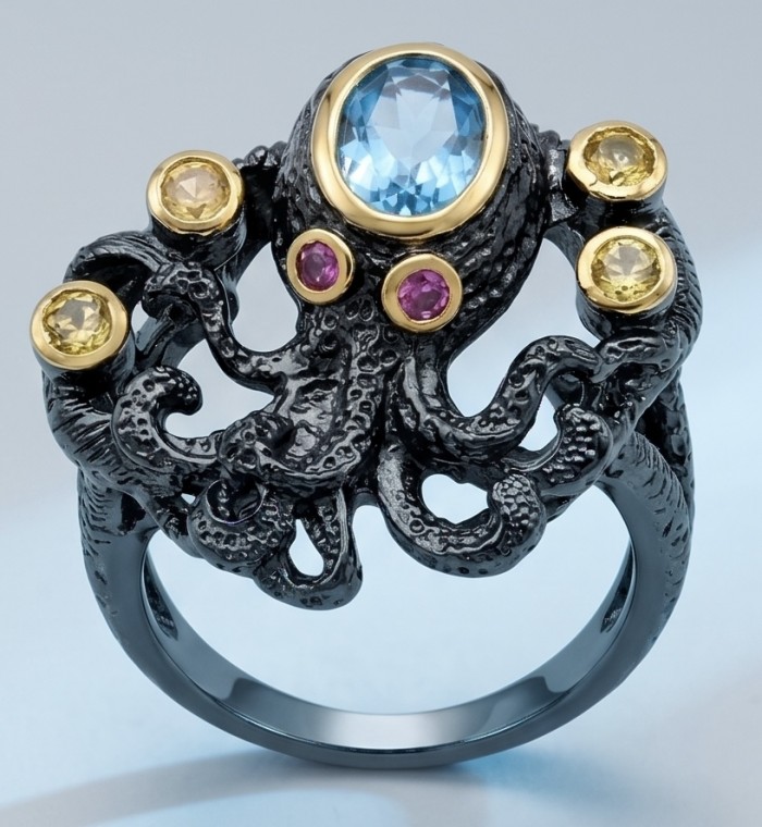 Under the Sea 4.8 carat Swiss Blue Topaz black rhodium over 2 tones .925 Sterling Silver handcrafted ring size 8 - Octopus-inspired ring with blue topaz and gems on black rhodium, top view.