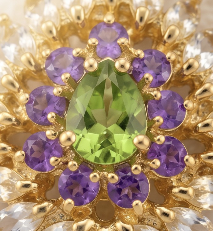 Paloma Authentic 22.2 carat Peridot from Arizona 18k GOLD OVER .925 Sterling Silver handmade Statement pendant - Close-up of Peridot pendant with purple accents in gold setting