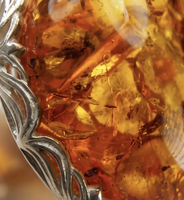 Serenity Natural Golden Baltic Amber .925 Sterling Silver handmade Large Statement Ring size 7 - Close-up of Baltic amber stone set in .925 sterling silver.