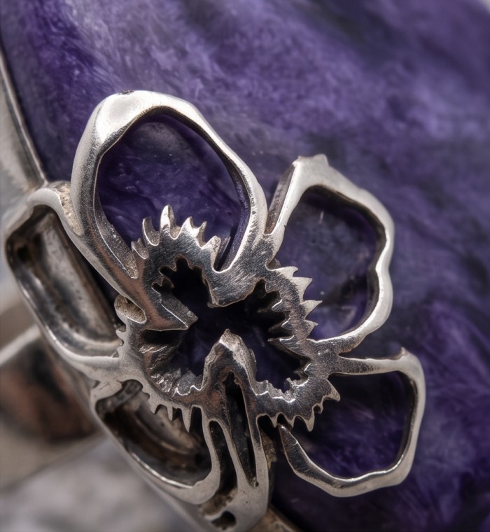 Large Natural Siberian Charoite .925 Sterling Silver handcrafted Large ring size 8 adjustable - Close-up of Siberian Charoite in sterling silver setting.