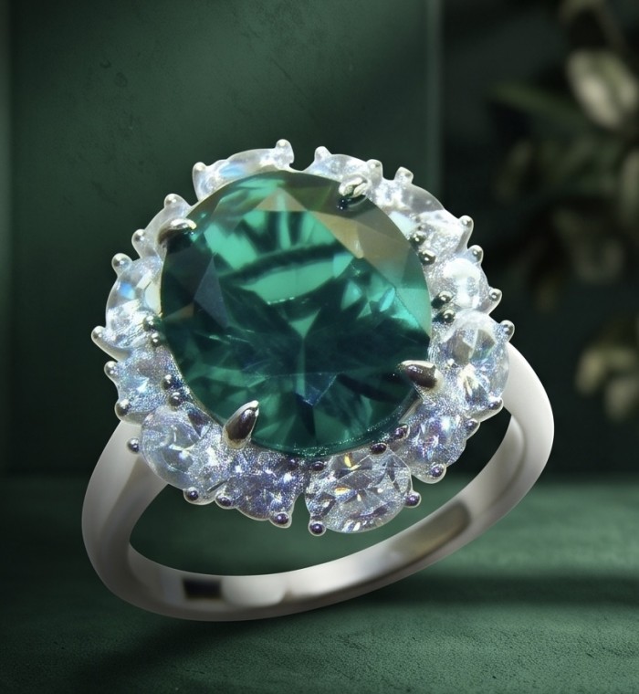 Estelle - Authentic 12.9 carat COLOMBIAN EMERALD .925 Sterling Silver dipped in rhodium handcrafted Ring size 8 - Close-up of Colombian emerald ring with diamond accents.